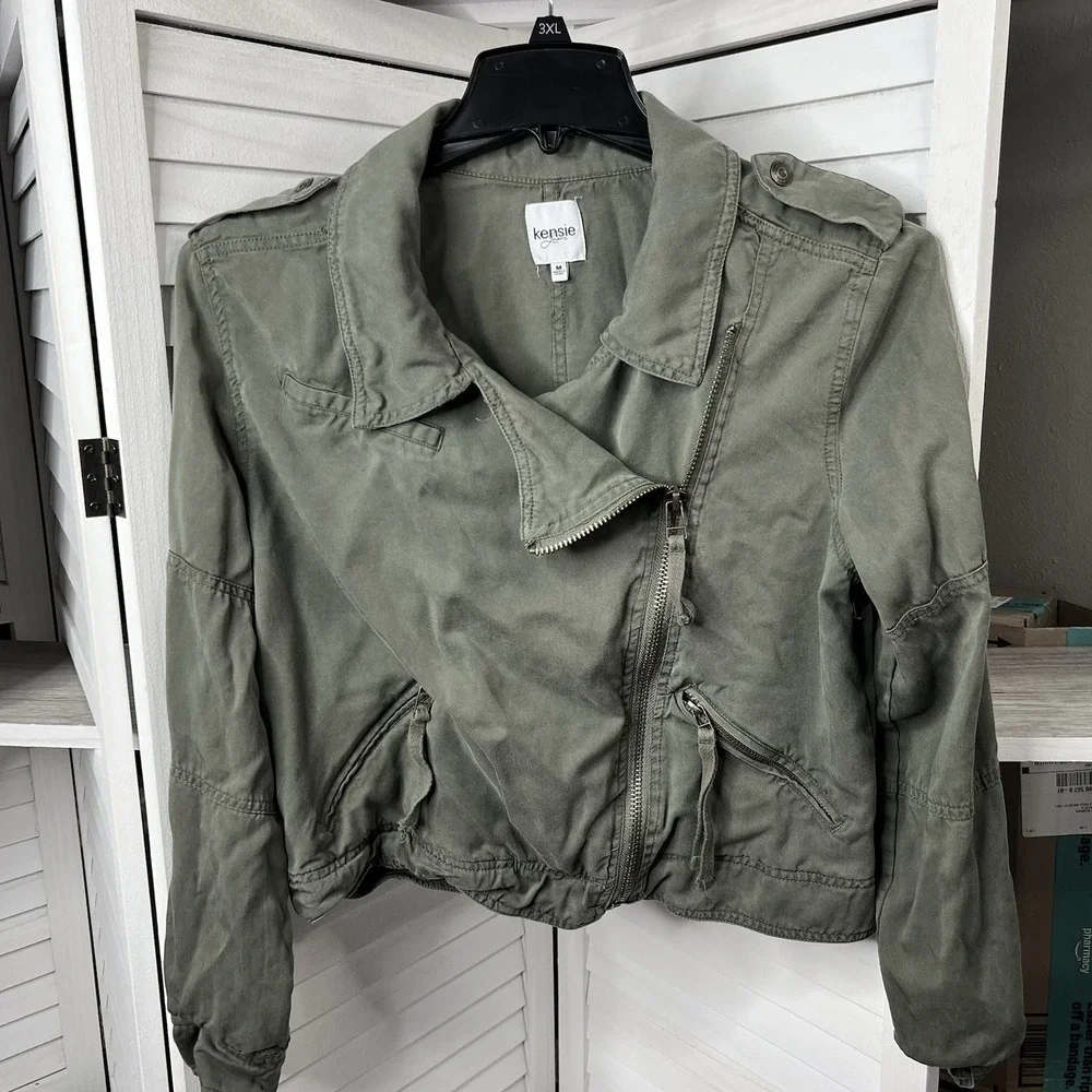 Kensie Jeans Army Green Moto Utility Style Short Jacket Asymmetrical Zip Sz Med‎
